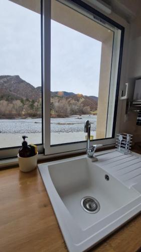 d'un évier dans une cuisine avec une grande fenêtre. dans l'établissement Au bord de la rivière, à Digne-Les-Bains