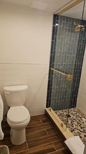 a bathroom with a toilet and a shower at Westview Motel in North Bergen