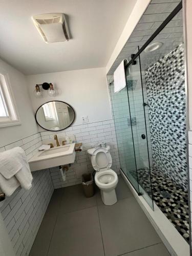 a bathroom with a toilet and a glass shower at Winslow Motel in Lyndhurst