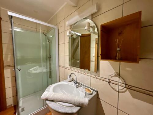 une salle de bain avec un lavabo et une douche en verre dans l'établissement Le Cocon de Sophie, joli appartement avec terrasse, à Gérardmer