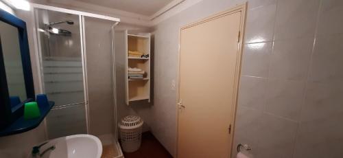 a bathroom with a shower and a toilet and a sink at Le Petit Bouleau in Saint-Pardoux-la-Rivière