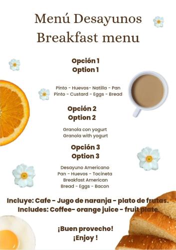 a breakdown of the ingredients of a breakfast menu at B&B Il Padrino in Puerto Jiménez
