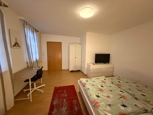 カッペル・グラーフェンハウゼンにあるLa casitaのベッドと机とテレビのある寝室