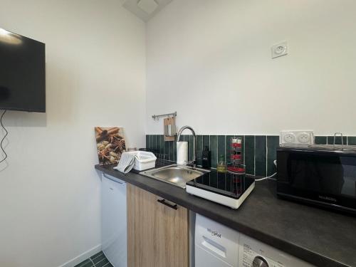 une cuisine avec un évier et un micro-ondes dans l'établissement Le Marrakech - Studio, à Vichy