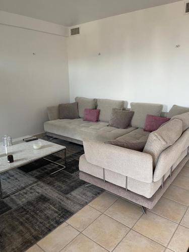 un salon avec un canapé et une table basse dans l'établissement Appartement vue sur le golfe d ajaccio, à Ajaccio