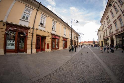 una calle con gente caminando por una calle adoquinada en Main Square Large Apartment, en Sibiu