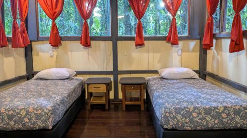 two beds in a room with windows and red curtains at Tree House Beachfront Lodge in Puerto Viejo