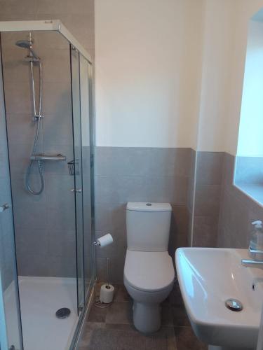 a bathroom with a shower and a toilet and a sink at Cosy Stay in Walsall by Ideal Home in Bloxwich