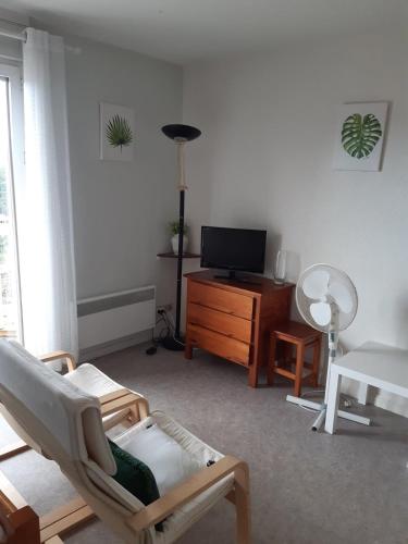 un salon avec une télévision et une chaise dans l'établissement Les Alisiers 26, à Eugénie-les-Bains