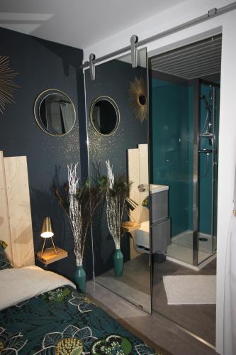 a bedroom with a shower and a bed and a mirror at Résidence Chez Gally in Les Ponts-de-Cé