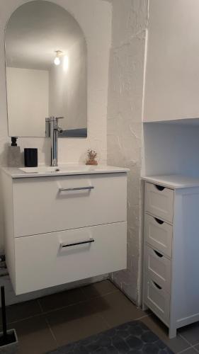 une salle de bain blanche avec un lavabo et un miroir dans l'établissement L'Elégant - Centre De Vienne, à Vienne