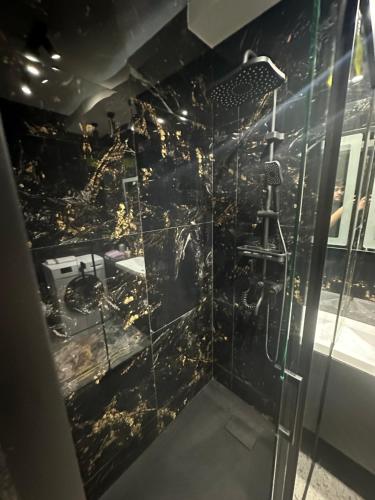 een douche met een glazen deur in een badkamer bij Rezidențial 1 in Baia Mare