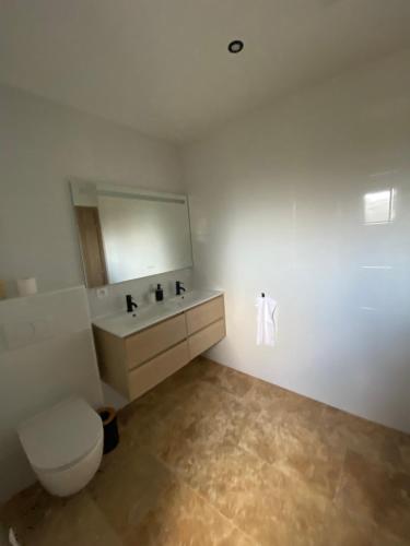 une salle de bain avec toilettes, lavabo et miroir dans l'établissement Villa neuve - piscine chauffée, à Lorgues