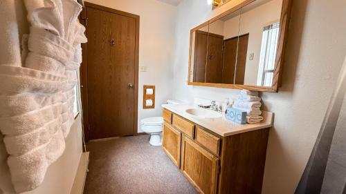 a bathroom with a sink and a toilet and a mirror at Crystal Run in Sandpoint