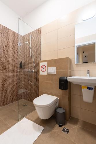 a bathroom with a toilet and a shower and a sink at Prishtina City Apartments 2 in Pristina