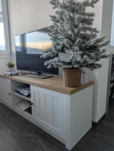 a christmas tree on a tv stand with a television at Ski-In, ski-out Thyon in Vex