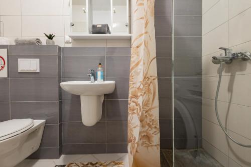 a bathroom with a sink and a shower at Prishtina City Apartments 2 in Pristina