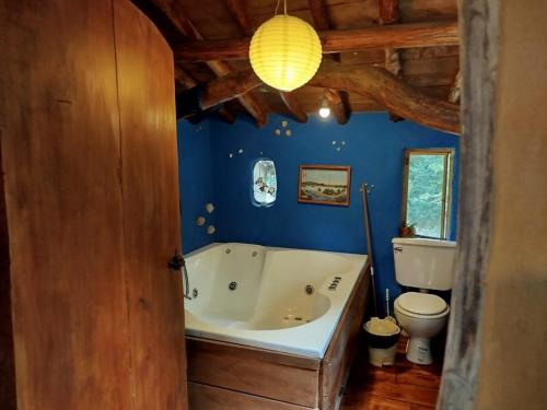 GolondrinasLa casa de Frodo的带浴缸和马桶的蓝色浴室
