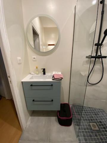une salle de bain avec un lavabo et un miroir dans l'établissement RESIDENCE MERCADAL, à Ax-les-Thermes