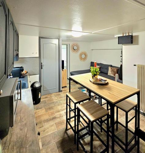 un salon avec une table et des chaises dans une pièce dans l'établissement Charmant studio 30m2, à Clermont-Ferrand