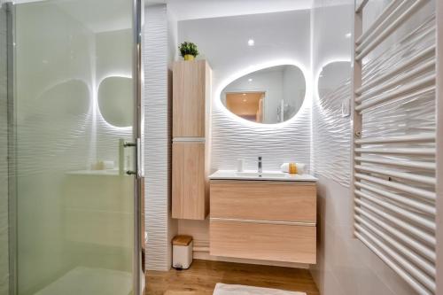 une salle de bain avec un lavabo, une douche et un miroir dans l'établissement Superbe appartement aux portes de Paris WIFI et TV, à Clichy