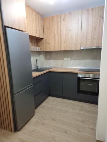a kitchen with wooden cabinets and a refrigerator at ANDREAS lux apartman in Niš