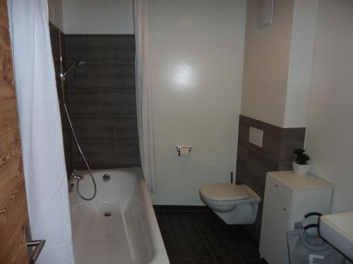 a bathroom with a toilet and a tub and a sink at Hotel Mont.Lac in Champex