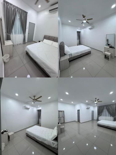 four images of a bedroom with two beds and a ceiling fan at 双层排楼民宿8号 in Segamat