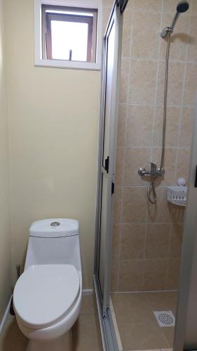 a bathroom with a toilet and a shower at Departamento en Quiriyuca in Puchuncaví