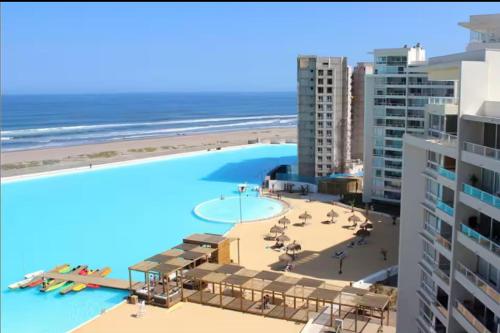 an aerial view of a beach and the ocean at LA SERENA- Laguna del Mar in La Serena