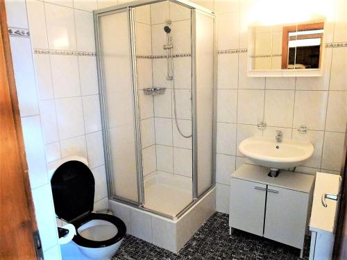 Un baño con ducha, inodoro y lavabo. en Studio in Veysonnaz by Ski Slopes & Gondola, en Veysonnaz