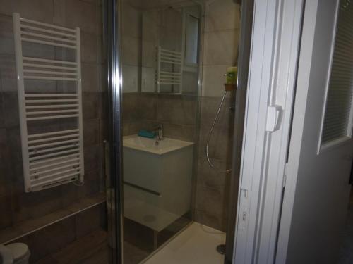 une salle de bain avec douche et lavabo dans l'établissement Studio cabine au Sauze, proche pistes, 4 couchages - FR-1-804-2, à Enchastrayes