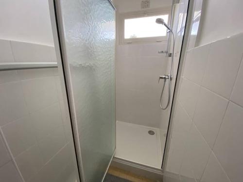 une douche avec une porte vitrée dans une salle de bain dans l'établissement Appartement au Lavandou avec terrasse vue mer et parking - FR-1-816-17, au Lavandou