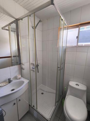 a bathroom with a shower and a toilet and a sink at Arriendo Vacaciones Futrono in Futrono