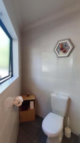 a bathroom with a white toilet and a window at Monique's Queen Rm AirCon TV in Auckland