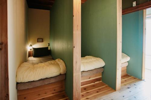 two bunk beds in a room with green walls at ふもとの山小屋 ネイバーズ Neighbors - Alpine Base Inn in Matsumoto
