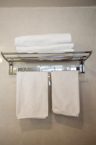 a towel rack with towels on it in a bathroom at Magnificent Hotel in Kathmandu