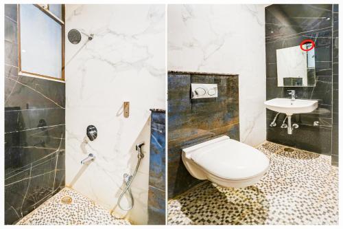 two pictures of a bathroom with a toilet and a sink at Super Townhouse Jagatpura Formerly Hotel Soft Patel in Jaipur