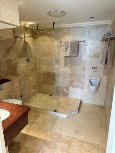 a bathroom with a shower and a toilet at Krystal Beach Hotel in Gordonʼs Bay