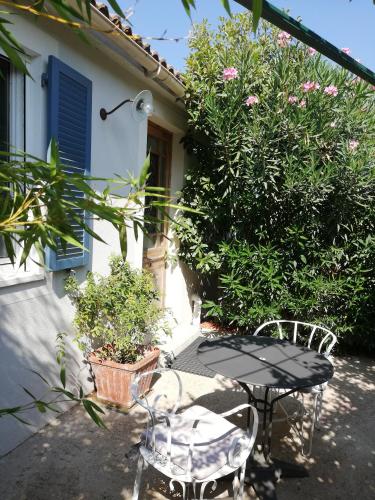 un patio avec une table, des chaises et des plantes dans l'établissement Gîte de la treille, à LʼIsle-sur-la-Sorgue