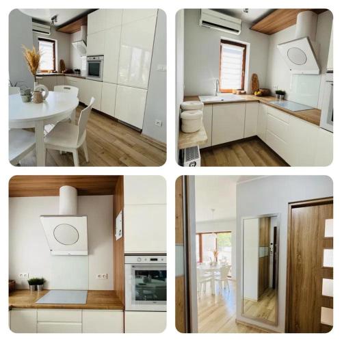 a collage of four pictures of a kitchen at Premium Gniezno in Gniezno