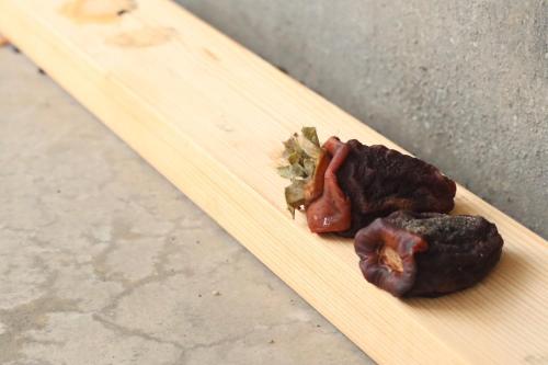 two food items sitting on a wooden cutting board at デコピンハウス in Hanamaki