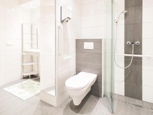 uma casa de banho com um WC e uma cabina de duche em vidro. em Parkhotel Zuzek em Sankt Kanzian