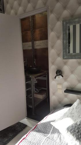 a bedroom with a mirror next to a bed at B&B Le Bonimenteur in Charleroi