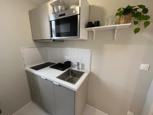 une petite cuisine avec un évier et un micro-ondes dans l'établissement Studio rénové proche Rives de l'Orne et gare, à Caen