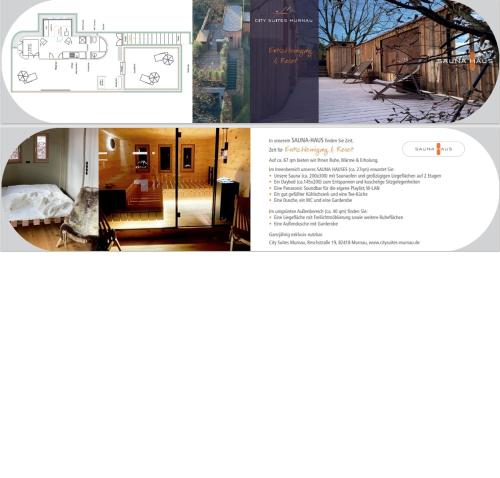 a collage of photos of a room with a house at City Suites Murnau in Murnau am Staffelsee