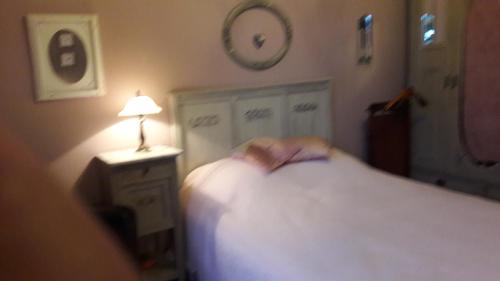 a bedroom with a bed and a lamp on a night stand at B&B Le Bonimenteur in Charleroi
