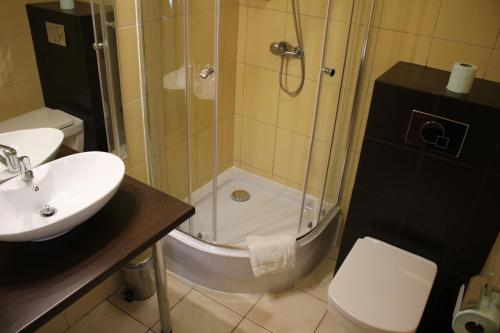 a bathroom with a shower and a sink and a toilet at Hotel 1 in Płock
