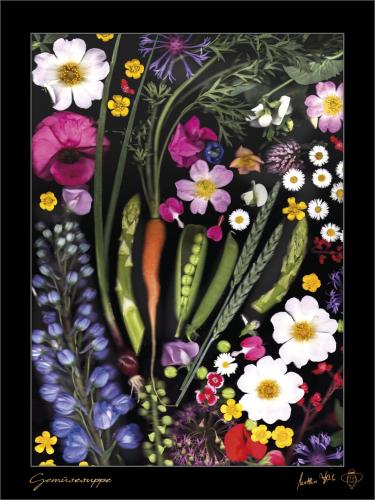 a painting of a bunch of flowers and vegetables at Auberge L'Art in Erfurt