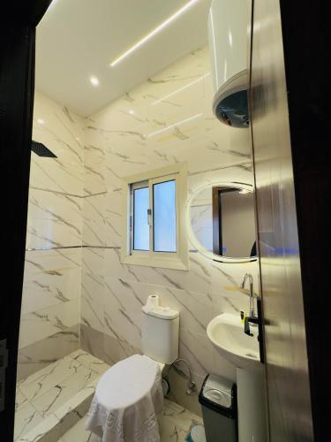 a bathroom with a toilet and a sink and a mirror at Hur magic pyramids Hotel in Cairo